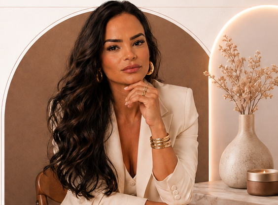 Vanessa Bernardo usando blazer branco em ambiente acolhedor de estética